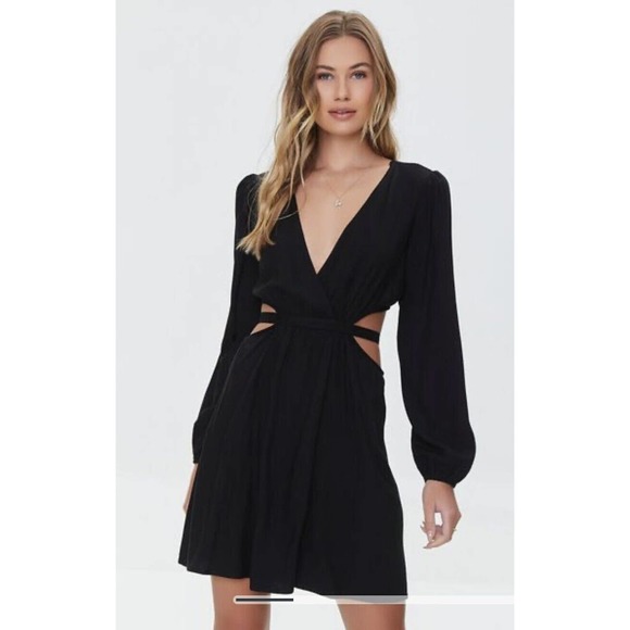 NWT Forever 21 Dress Womens Black Deep V-Neck Long Sleeve Cutout Tie Back Size L - Picture 2 of 16
